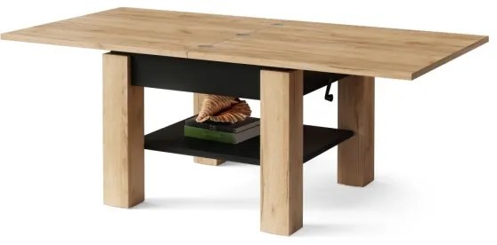 Átalakítható CALEB dohányzó/étkezőasztal emelhető lappal, tölgy craft/fekete