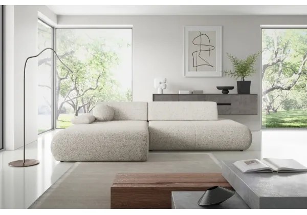 PRATO L alakú balos kihúzható sarokkanapé tárolóval, bézs