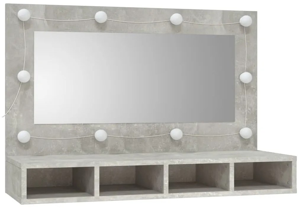betonszürke tükrös szekrény LED-ekkel 90 x 31,5 x 62 cm