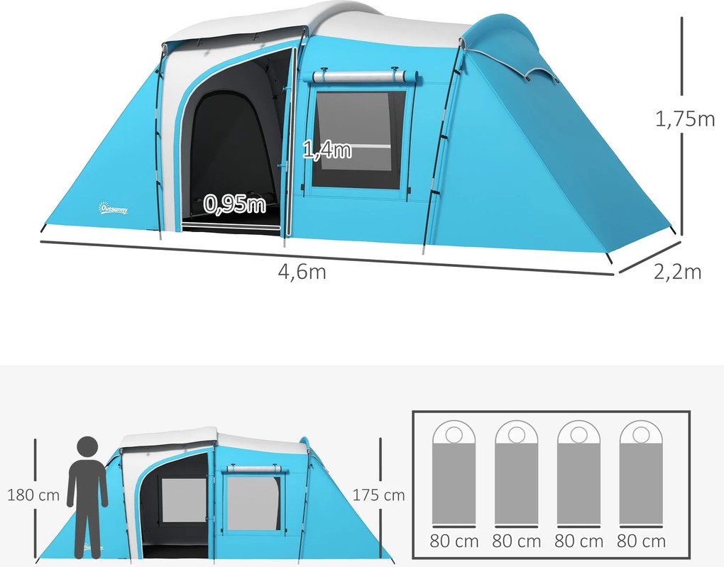 Outsunny Családi Kempingtábor 3-4 Felnőtt Részére 2 Hálószobával – 4 Ajtóval és 4 Ablakkal, Hordtáska, Vízhatlan, méretek: 460L x 220W x 175H cm | Aos