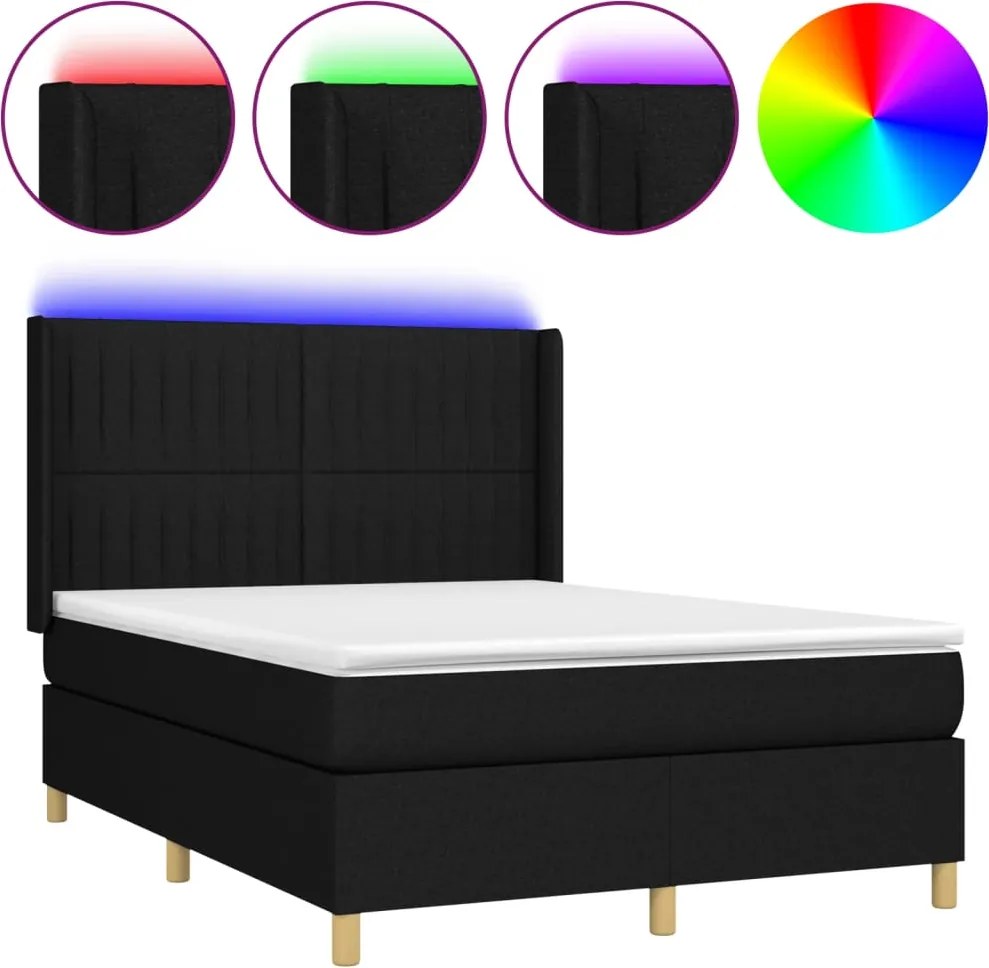 vidaXL fekete szövet rugós és LED-es ágy matraccal 140x190 cm