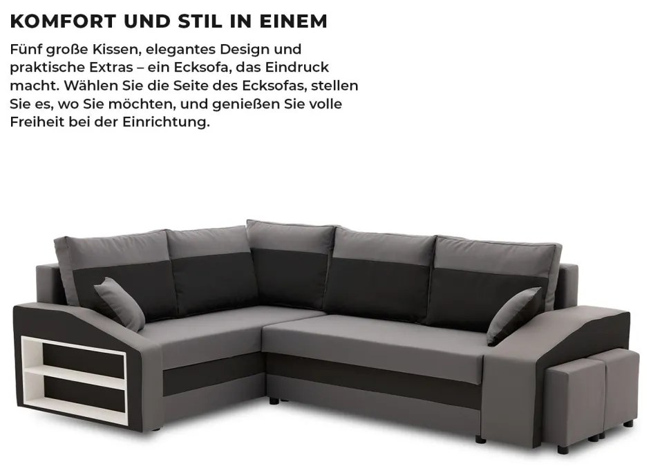 Grande sarokkanapé polcokkal és puffokkal , polc a bal karfaban puffok a jobb karfaban, baloldali, szövet anyag, hab töltet, szürke - fekete