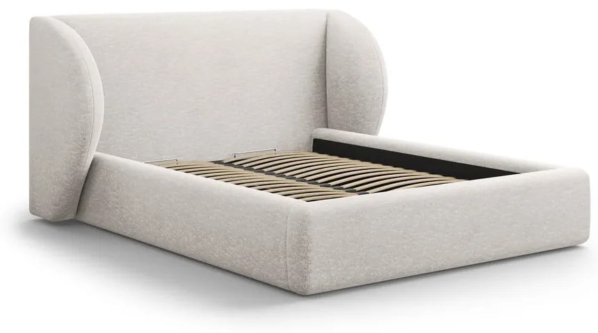 Világosszürke kárpitozott ágyneműtartós franciaágy ágyráccsal 160x200 cm Miley – Micadoni