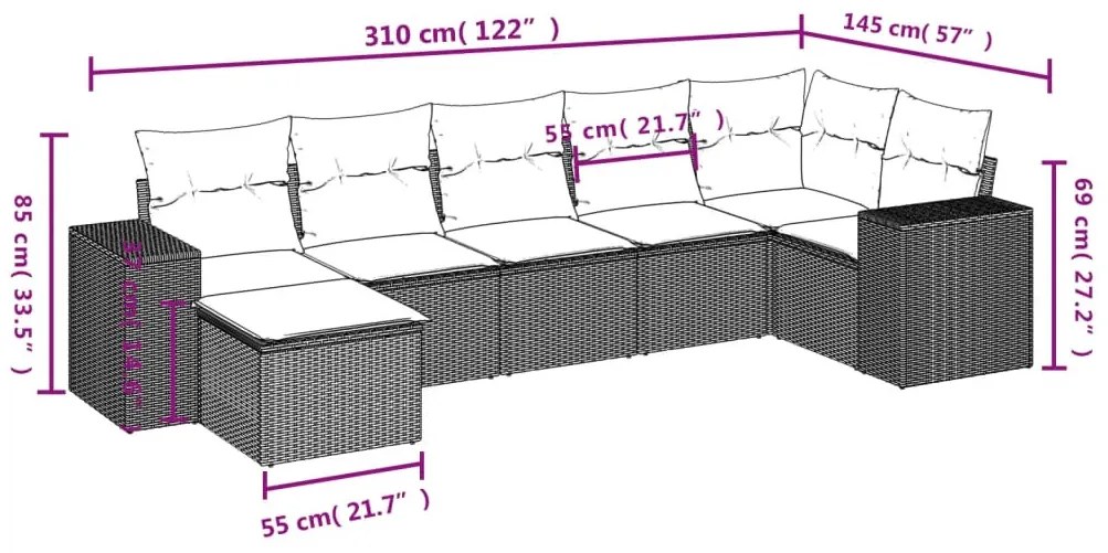 7 részes barna polyrattan kerti ülőgarnitúra párnákkal