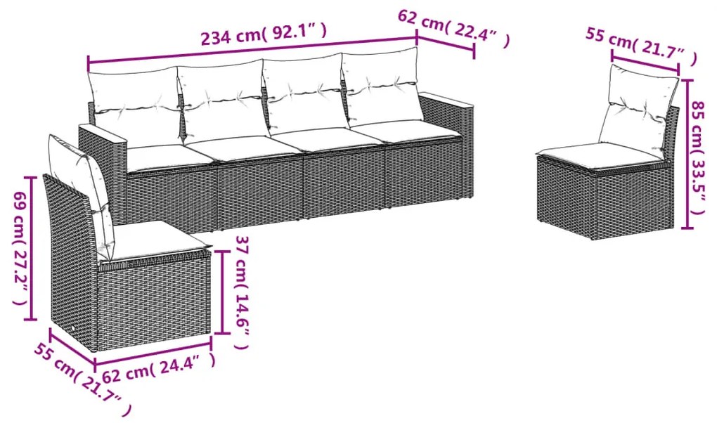 6 részes szürke polyrattan kerti ülőgarnitúra párnákkal