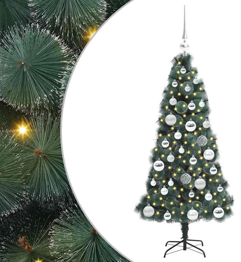 Műfenyő világítással és gömbökkel 150 LED-del Zöld 120 cm PET