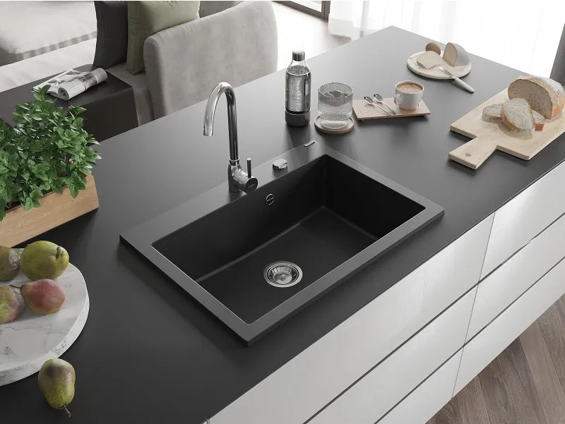 Mexen Elix 1-medencés gránit mosogató 700 x 500 mm, fekete, króm szifon - 6526701005-77