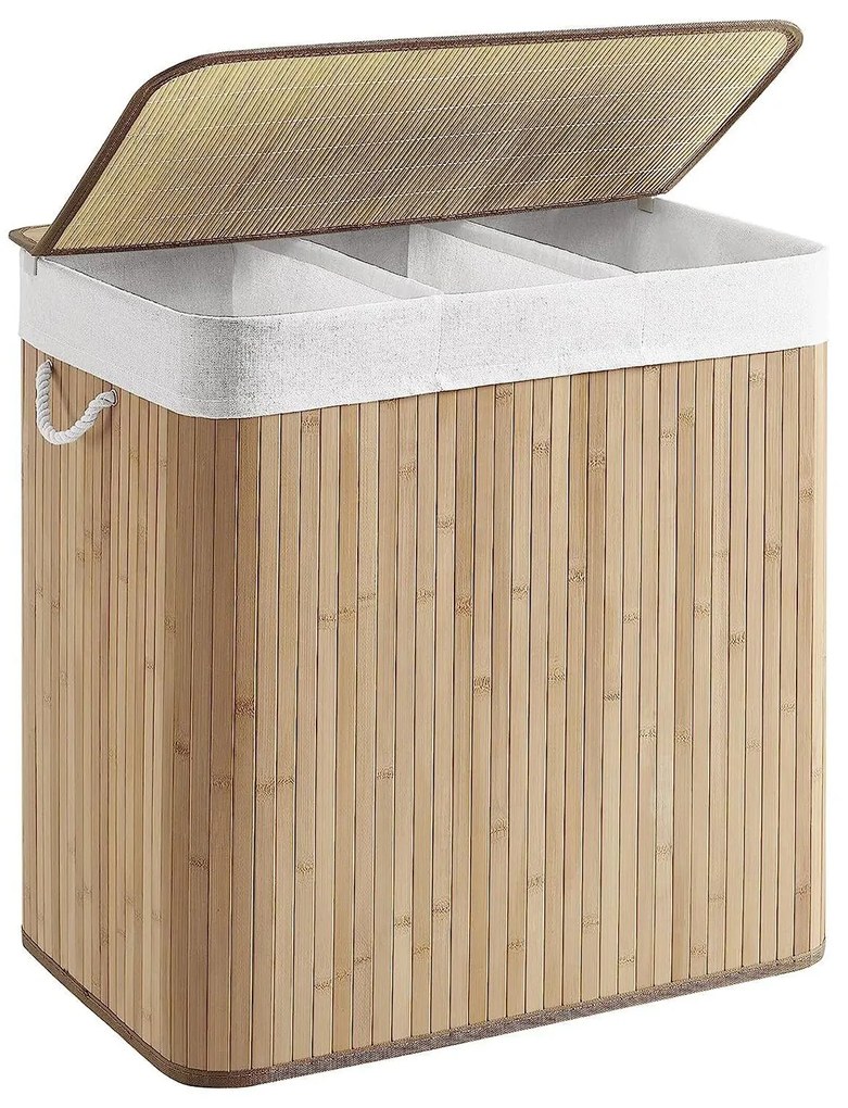 Bambusz szennyeskosár 3 rekesszel, fedéllel és fogantyúkkal, 150 literes
