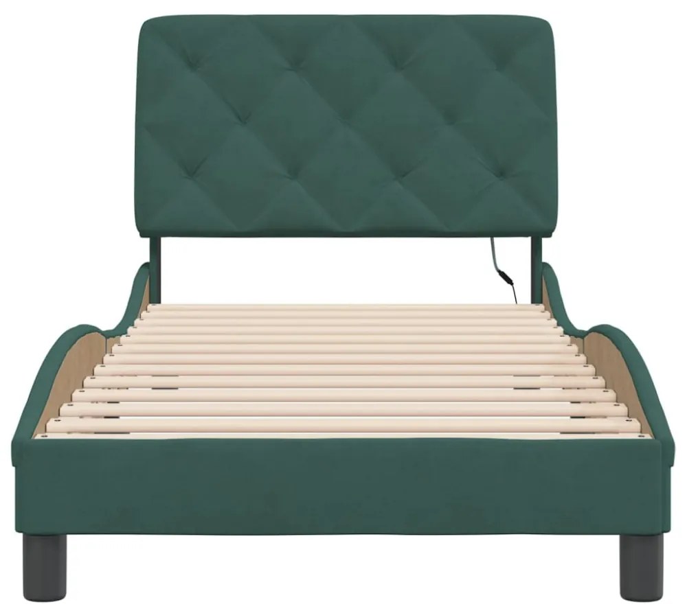 sötétzöld bársony ágykeret LED-ekkel matrac nélkül 90 x 190 cm