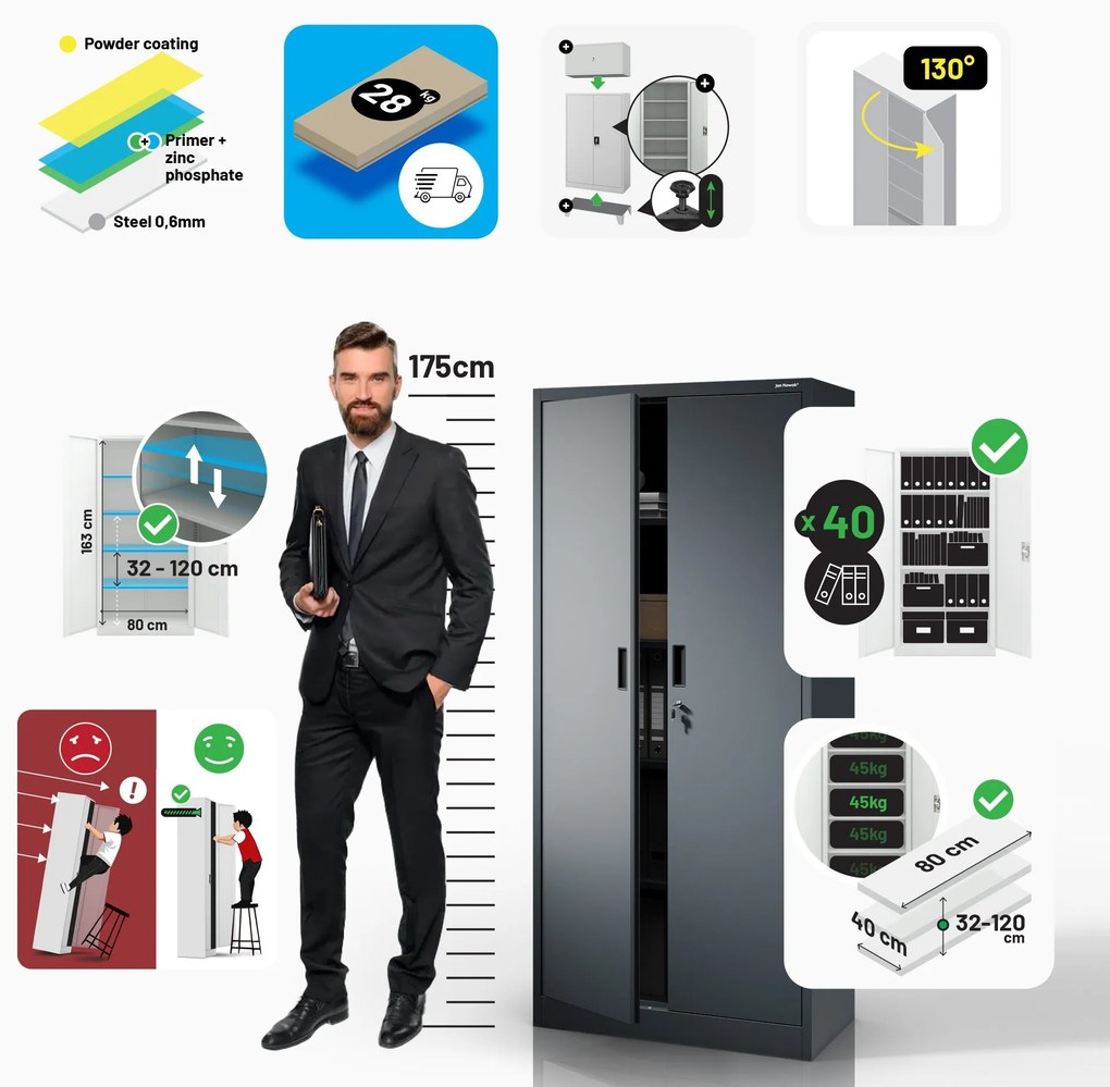 Fém szekrény JAN Compact 1750 x 800 x 400 mm, antracit