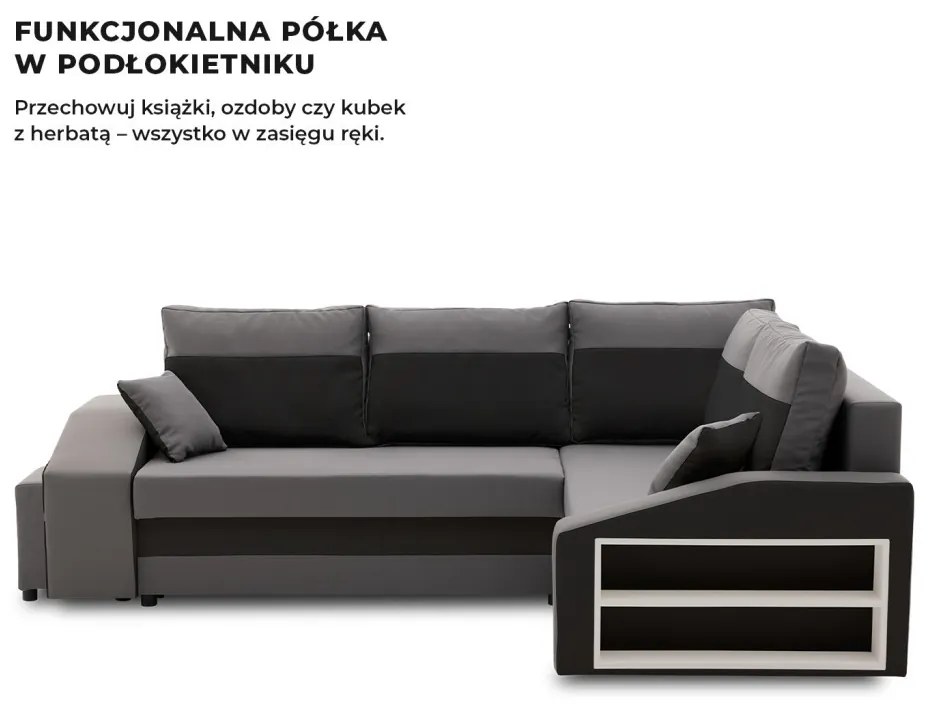 Grande sarokkanapé polcokkal és puffokkal , polc a jobb karfaban puffok a bal karfaban, jobboldali, szövet anyag, bonell töltet, szürke - fekete