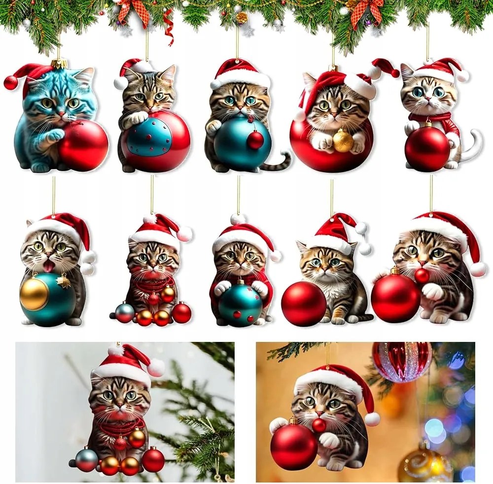 10DB Karácsonyfa Gömbök Kabala Macska Karácsonyfa Medálok 2D