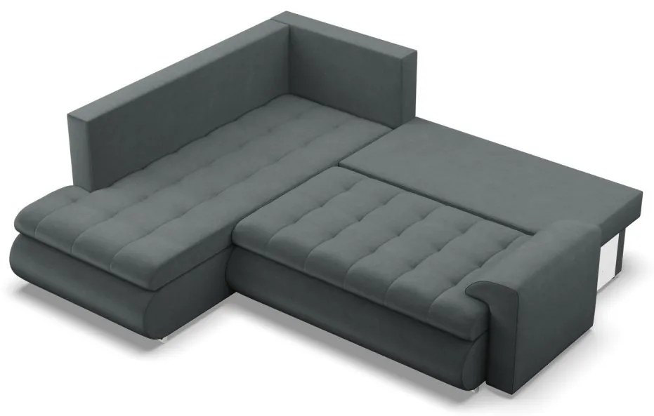 Tokio sarokkanapé, L alakú háttámlával, 2 ágyneműtartóval, bársony, baloldali, szürke