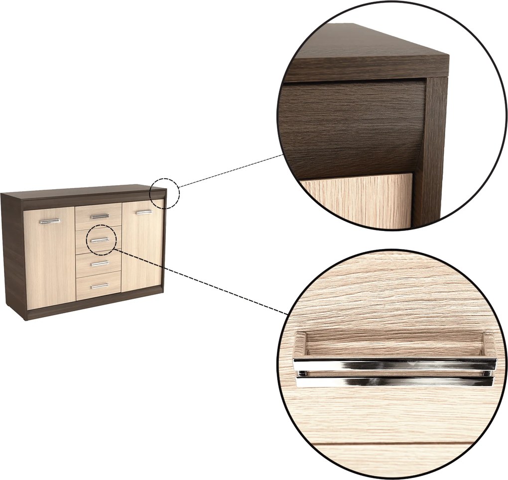 Komód, DTD/MDF, tölgy világos/tölgy sötét, KORINA