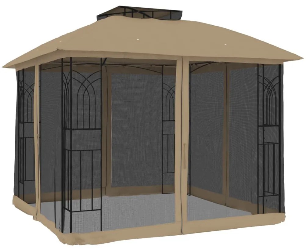 tópszínű acél dupla tetős pavilon hálós falakkal 2,94 x 2,94 m