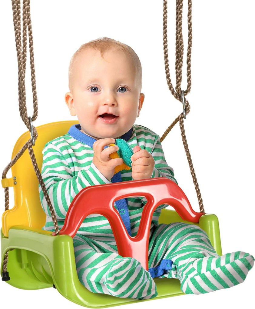 Outsunny 3 az 1-ben Baba Hinta, Leválasztható Hátpárnával, Állítható Kötéllel és T-rúddal, Gyerek Hinták 9-36 Hónapos Korig, 42x33x120-180 cm Zöld | A