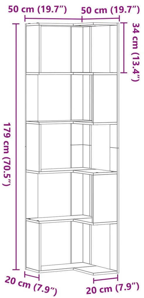 Sarok Könyvespolc 5 szintes Fekete Tölgy 50x50x179 cm Mérnöki Fa