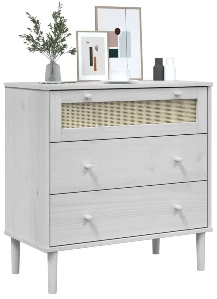 SENJA fehér rattan hatású tömör fenyőfa komód 80 x 40 x 80 cm