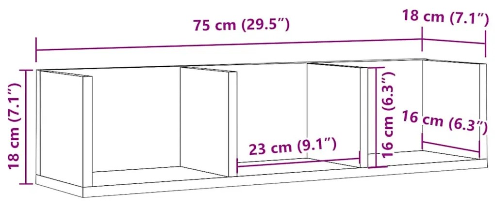 antik fa színű szerelt fa CD-tartó fali polc 75 x 18 x 18 cm