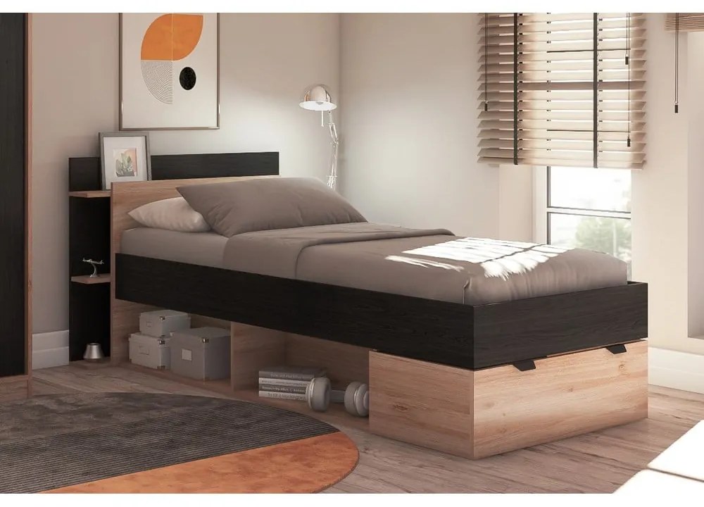 Fekete-natúr színű ágyneműtartós egyszemélyes ágy ágyrács nélkül, tölgyfa dekorral 90x200 cm Albo – Marckeric