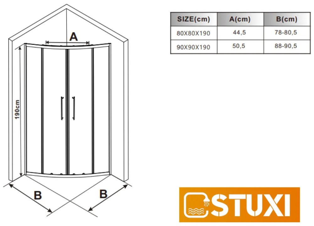 Stuxi Nizza 80x80 cm íves két tolóajtós zuhanykabin 6 mm vízlepergető biztonsági üveggel, króm elemekkel, 190 cm magas