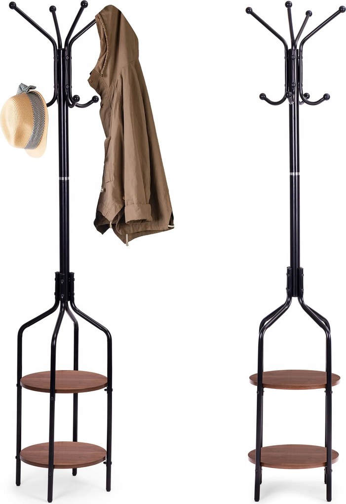 ModernHome Álló kabáttartó polcokkal, 8 akasztóval, 180 cm, fém, fekete