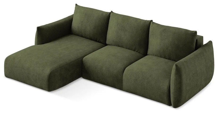Zöld zsenília kinyitható sarokkanapé (bal oldali-heverő résszel) Leila – Makamii