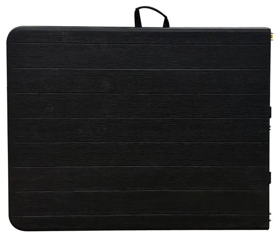 Összecsukahtó kempingasztal fekete színben 180x74 cm., fogantyúval a könnyű hordozhatóság érdekében