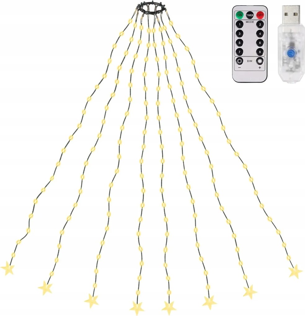 Karácsonyfa fényfüzér gyűrűvel 1,5m 8 szál 120 Led Meleg fehér Csillagok