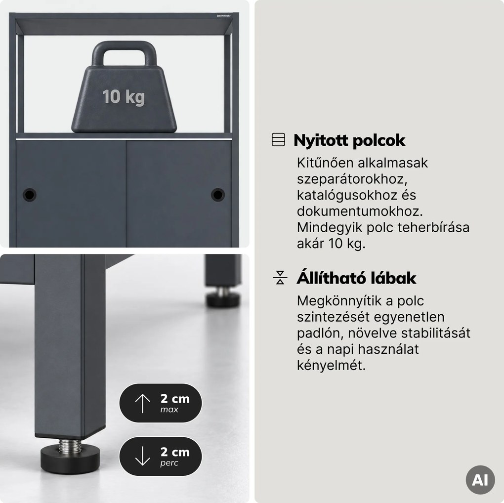 Iratrendező polc zárható szekrénnyel, irodai, nyitott polcok, fém antracit, 800x2200x400 mm: ARIEL