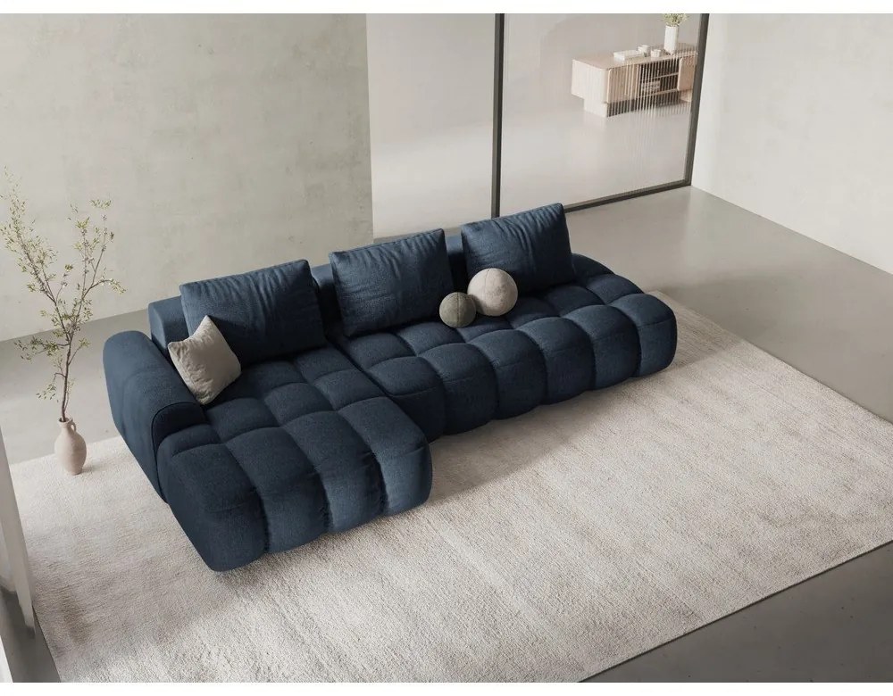 Sötétkék kinyitható-tárolóhelyes sarokkanapé (bal oldali-heverő résszel) Linz – Cosmopolitan Design