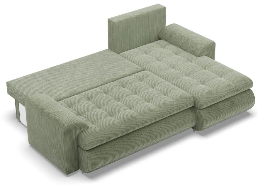 Tokio sarokkanapé, 2 ágyneműtartóval, kordbársony, jobboldali, zöld