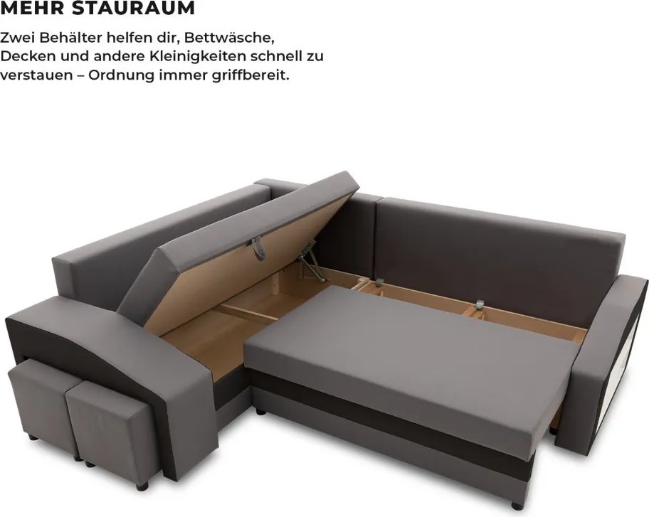Grande sarokkanapé polcokkal és puffokkal , polc a jobb karfaban puffok a bal karfaban, baloldali, szövet anyag, bonell töltet, szürke - fekete