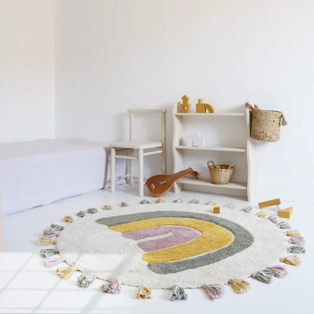 Krémszínű mosható kézi szövésű pamut gyerek szőnyeg ø110 cm Rainbow Moss – Nattiot