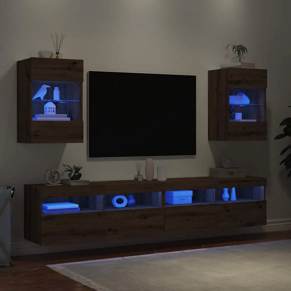 2 db kézműves tölgy színű fali szekrények LED világítással TV-hez 40x30x60,5cm