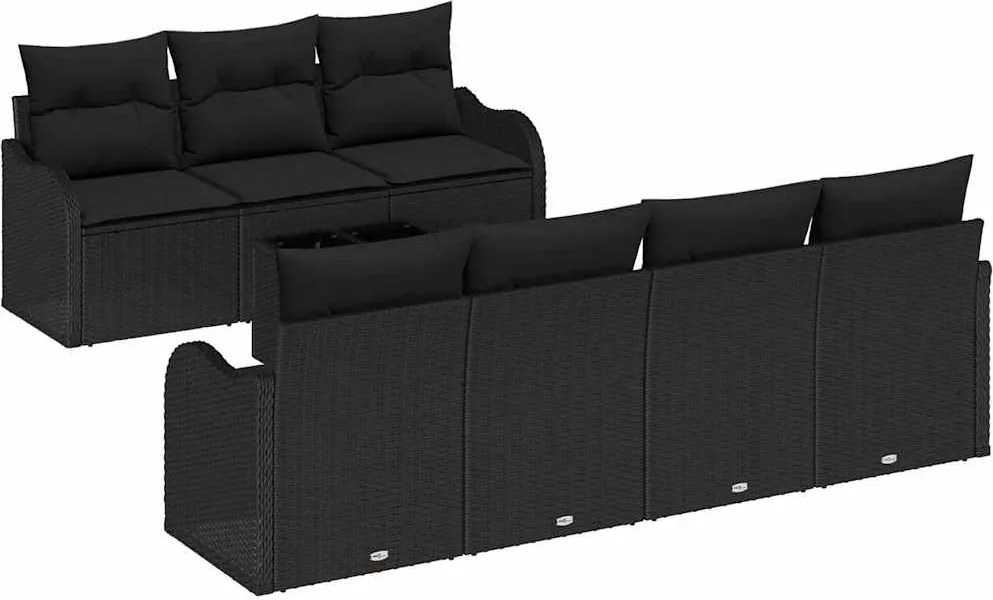 vidaXL Kerti Kanapé Szett 8 pcs Fekete Poli Rattan és Acél és Üveg