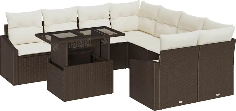 vidaXL Kerti Kanapé Szett párnával tárolóval 9 pcs Barna polirattan