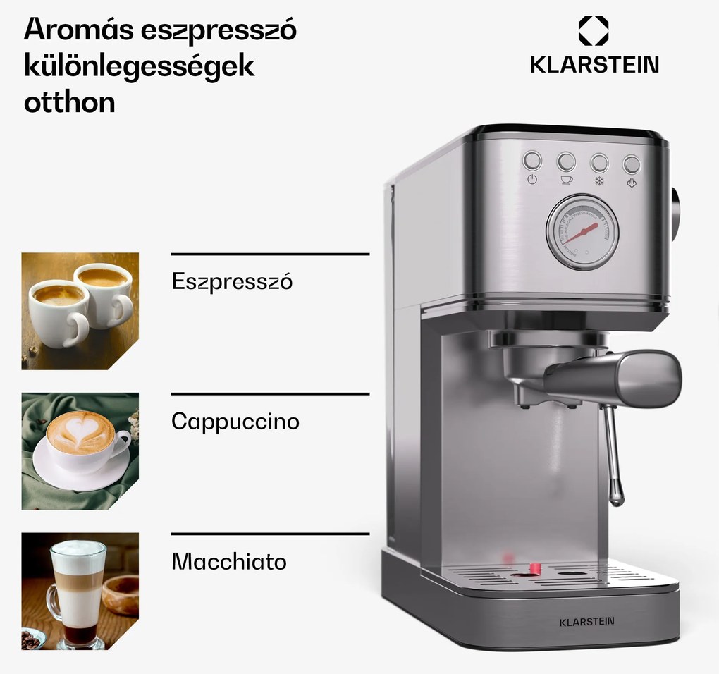 Klarstein SteelPresso Slim kávéfőző, portafilter, tartozékokkal együtt