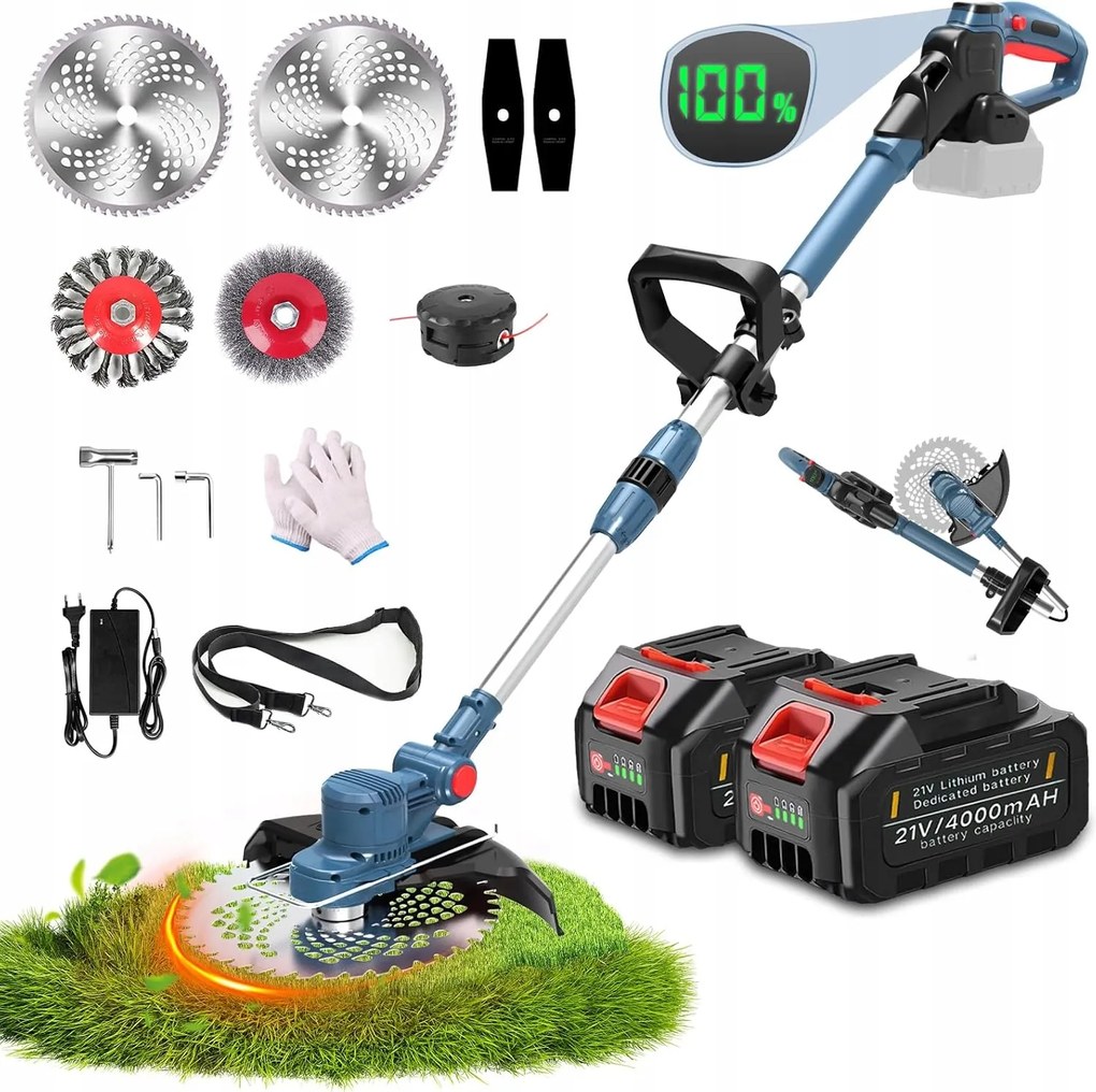 Akkumulátoros szegélynyíró és gyomkefe, 5 az 1-ben, zöld