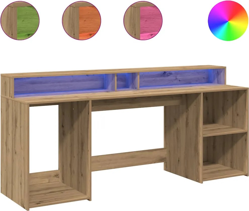 vidaXL kézműves tölgy színű szerelt fa LED-es íróasztal 200x55x91 cm