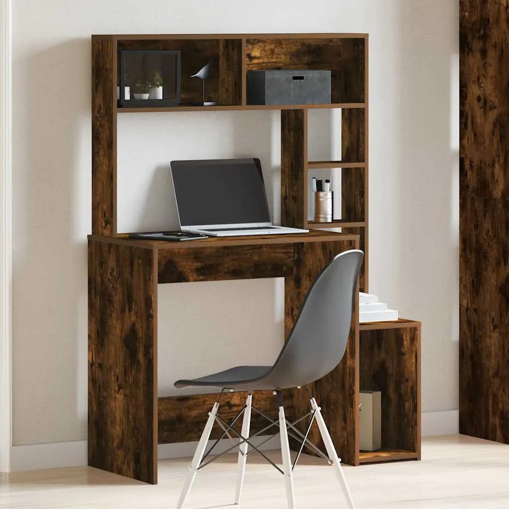 vidaXL füstös tölgy szerelt fa íróasztal polcokkal 100x45x140 cm