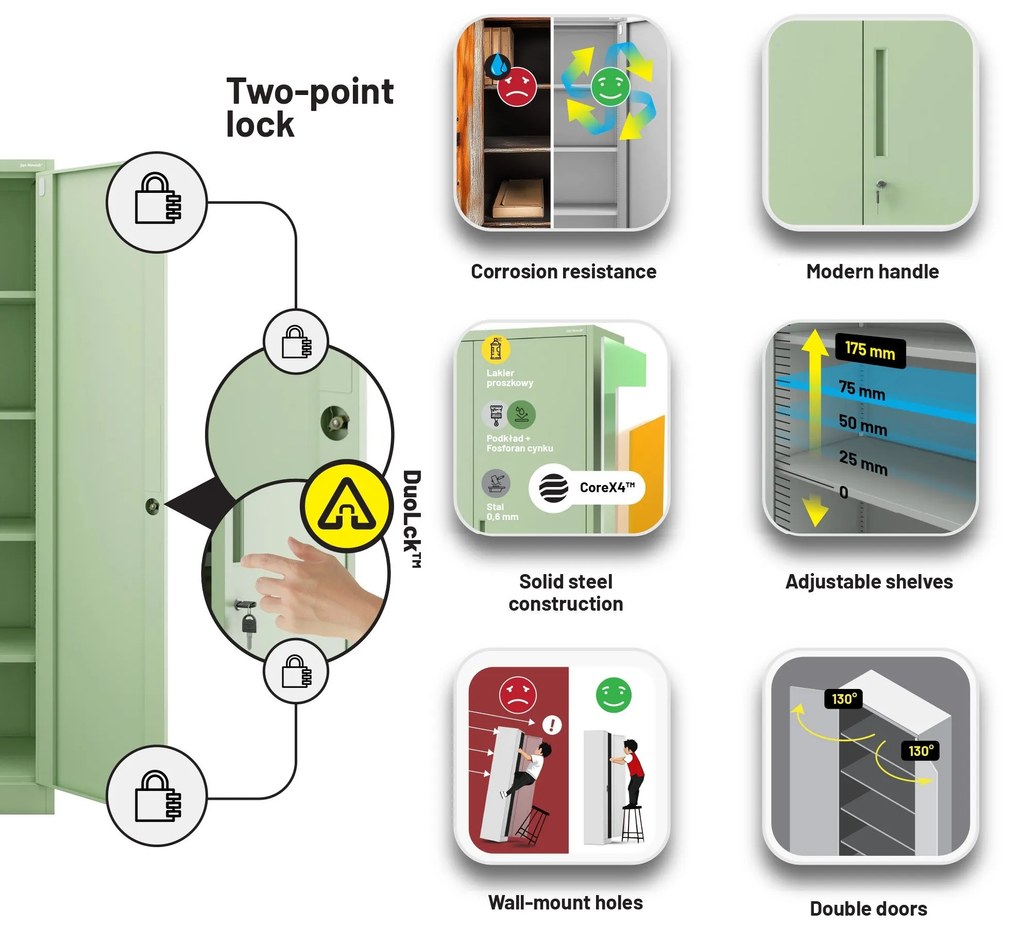 Irodai szekrény, 900 x 1850 x 400 mm, Fresh Style: pasztellzöld