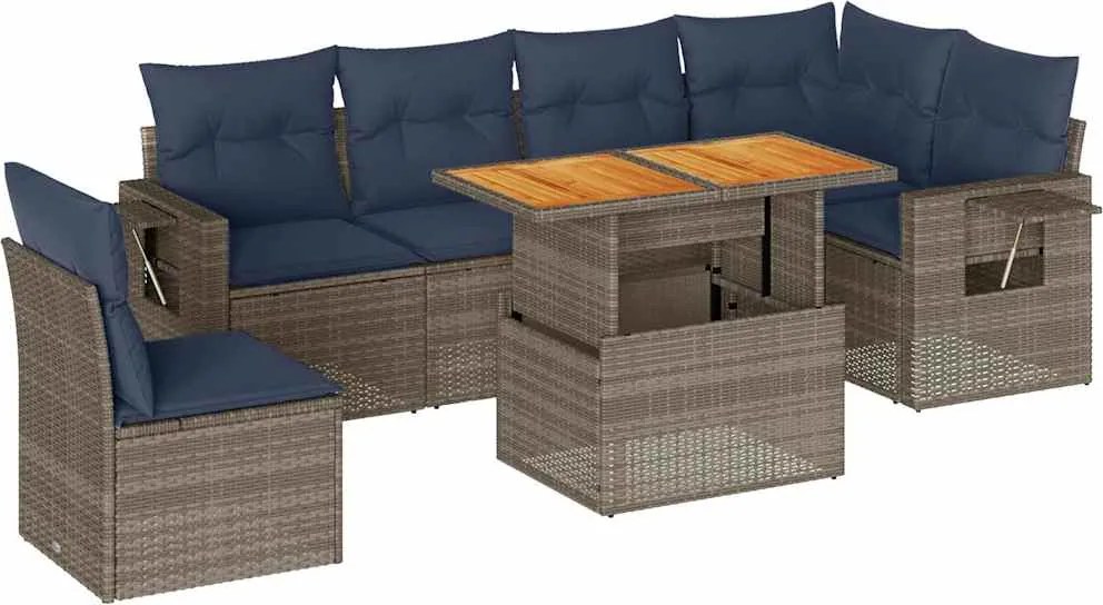 vidaXL 7 részes szürke polyrattan kerti ülőgarnitúra párnákkal