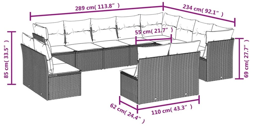 12 részes barna polyrattan kerti ülőgarnitúra párnákkal