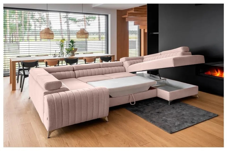 Rózsaszín kinyitható-tárolóhelyes sarokkanapé (jobb oldali-U alakú) Louis – ELTAP