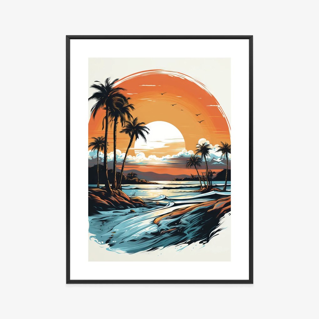 Naplemente pálmafákkal poszter - 30x40 cm, Ezüst paszpartuval