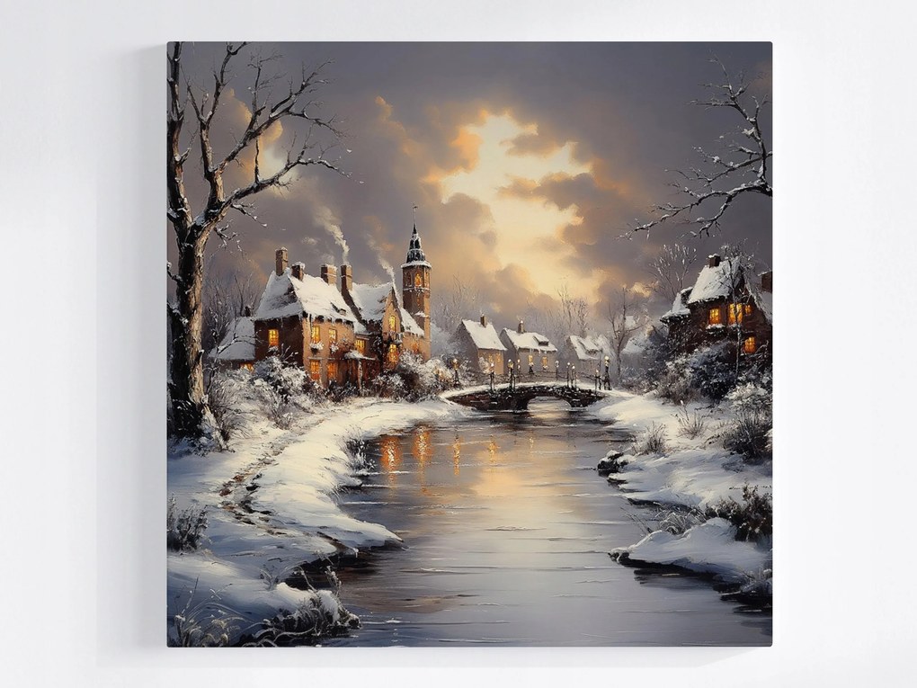 Poszter Tájkép Város Folyó Házak Tél Hó Híd 40x40