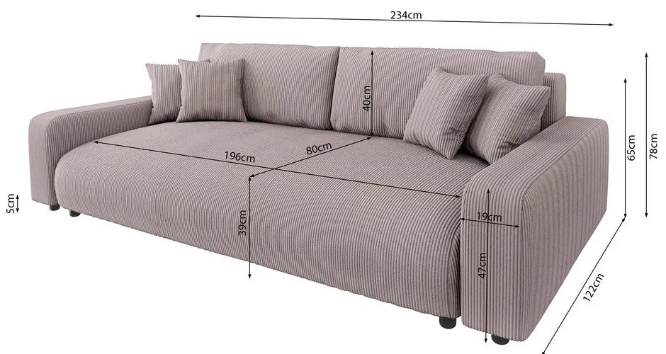 Világos rózsaszín kordbársony kinyitható tárolóhelyes kanapé 234 cm Sara – Ropez