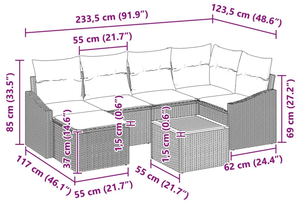 7 darabos Kerti Kanapé Szett Párnákkal - Fekete Poli Rattan Akácia