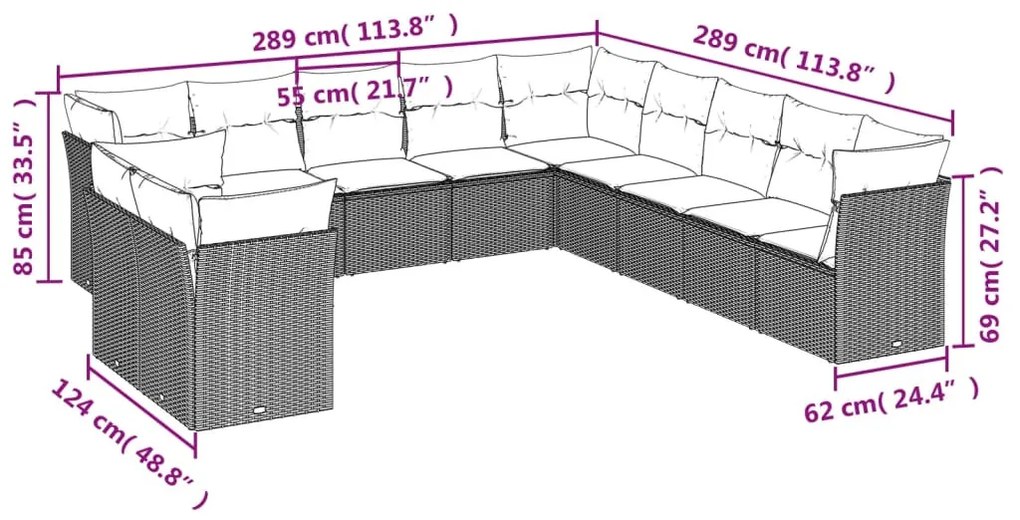 11 részes fekete polyrattan kerti ülőgarnitúra párnákkal